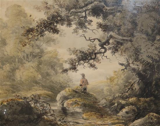 Attributed to William Payne (1754-1833) Angler in a wooded landscape 16.5 x 20.5in.